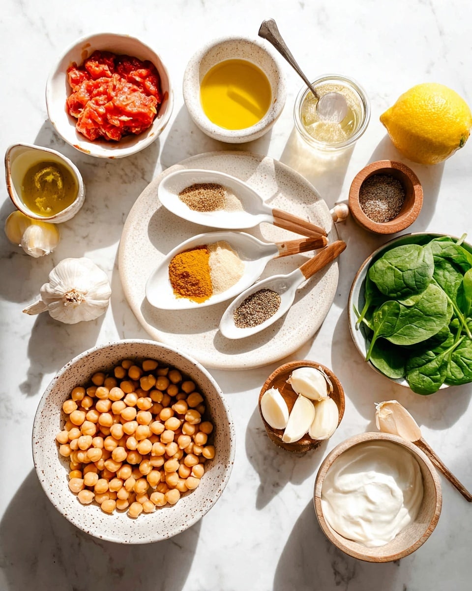 The image shows a white marbled surface with various cooking ingredients neatly arranged. In the center bottom, there is a large speckled white bowl filled with light brown chickpeas. Above it, a white plate holds three white ceramic spoons with spices: one with ground turmeric, one with black pepper, and one with another brown spice. On the same plate, two wooden spoons hold more brown and yellow spices, with a small white bowl of grated garlic in the middle. To the right, fresh green spinach leaves and a halved yellow lemon are placed. To the top left, there is a white bowl of red crushed tomatoes and a smaller bowl of golden oil. A wooden bowl with three peeled garlic cloves is next to the oil. On the bottom right, a small speckled white bowl contains white creamy yogurt, and to the left of it, a white plate holds quartered white onions. The entire setup is bright with natural light, and the photo was taken with an iphone --ar 4:5 --v 7