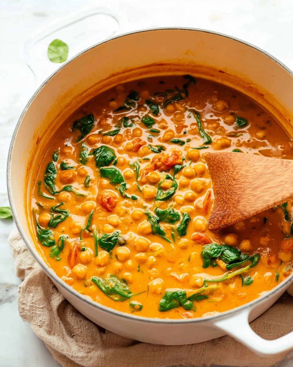 A white pot filled with thick chickpea curry, showing about two layers: a rich, creamy orange sauce with chunks of chickpeas and bright green spinach leaves scattered throughout. The curry has a smooth, slightly chunky texture with visible pieces of tomato and spices. A wooden spoon rests inside, partially submerged in the curry, stirring the mixture. The pot sits on a white marbled surface with a beige cloth nearby. Photo taken with an iphone --ar 4:5 --v 7