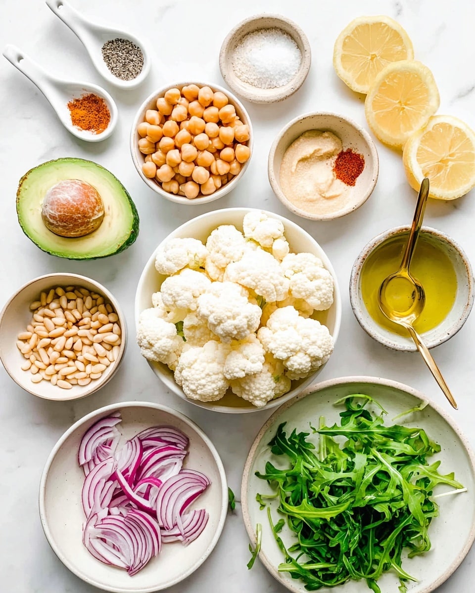 A top-down view of several white bowls and a white plate arranged on a white marbled surface, each holding different fresh ingredients: a bowl full of white cauliflower florets placed in the center; to its left, a bowl of light brown chickpeas, and above that, a halved avocado with one half showing the seed; two small white spoons holding salt and pepper sit to the top left; next to the spoons is a bowl with a mix of four spices including a bright red one and lighter beige powders with a small gold spoon inside; above and slightly to the right of the cauliflower bowl is a lemon cut in half with two lemon slices nearby; to the right of the lemon, a small bowl filled with pine nuts; below the pine nuts, a bowl containing thin slices of red onion; at the bottom right is a white plate holding fresh green arugula; a small bowl with golden olive oil sprinkled with black pepper is near the chickpeas; the whole setup has a bright, clean look. Photo taken with an iphone --ar 4:5 --v 7