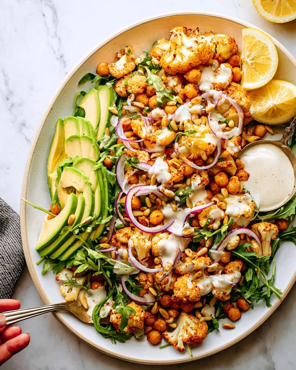 A white oval plate holds a colorful salad with about five main layers. The bottom layer is made of small, golden-brown roasted cauliflower pieces with a slightly crispy texture. On top, there are chickpeas that blend with the cauliflower, adding a light brown tone. Thin, curved slices of bright green avocado lie on one side, next to lemon wedges showing vivid yellow slices. Scattered on top are thin rings of red onion and fresh, dark green arugula leaves, giving a mix of sharp and leafy textures. Small pine nuts are sprinkled all over for a light crunch, and the whole salad is drizzled with a creamy white dressing. A silver spoon is partially shown on the plate's edge, with a woman's hand holding it. The background features a white marbled surface. photo taken with an iphone --ar 4:5 --v 7