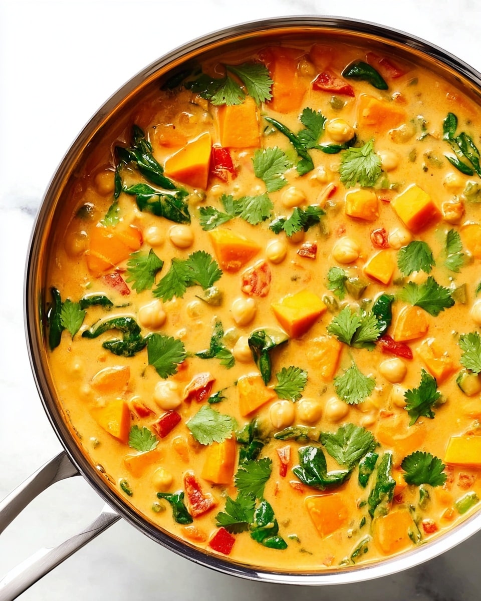 A close-up of a shiny silver pan filled with a creamy orange soup with visible chickpeas, bright orange cubes of sweet potato, small red pieces of tomato, and scattered deep green spinach leaves and fresh cilantro leaves on top. The soup looks thick and smooth, with a creamy texture that wraps around the vegetables and herbs, all sitting on a white marbled surface. photo taken with an iphone --ar 4:5 --v 7