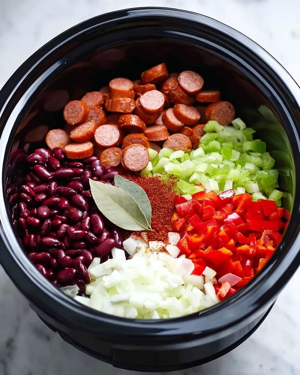 Inside a black slow cooker, there are six distinct layers arranged in sections: dark red kidney beans at the top left, round orange sausage slices piled at the top right, chopped light green celery at the middle right, diced white onions at the bottom right, bright red chopped bell peppers at the bottom left, and finely chopped garlic next to the peppers. In the center of these layers, two light green bay leaves rest on a mix of red spices, adding contrast. The slow cooker sits on a white marbled surface. photo taken with an iphone --ar 4:5 --v 7