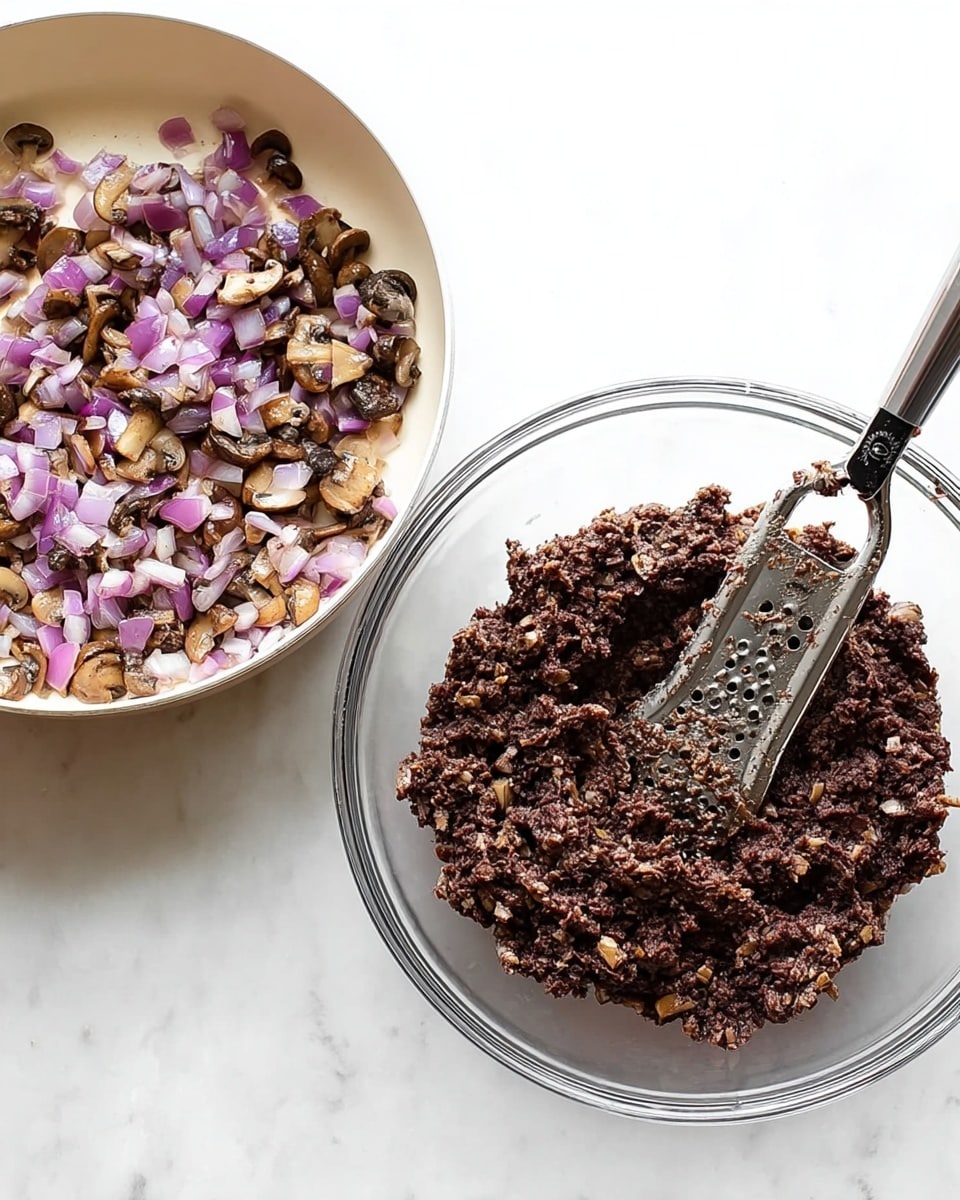 The left side of the image shows a white frying pan filled with small chopped pieces of light purple onions and brown mushrooms, all cooked and mixed evenly. The right side shows a clear glass bowl on a white marbled surface containing mashed dark brown beans being mashed with a metal potato masher that has a black handle. The textures of the ingredients are distinct—the diced onions and mushrooms appear soft and slightly shiny, while the mashed beans look coarse and chunky. Photo taken with an iphone --ar 4:5 --v 7