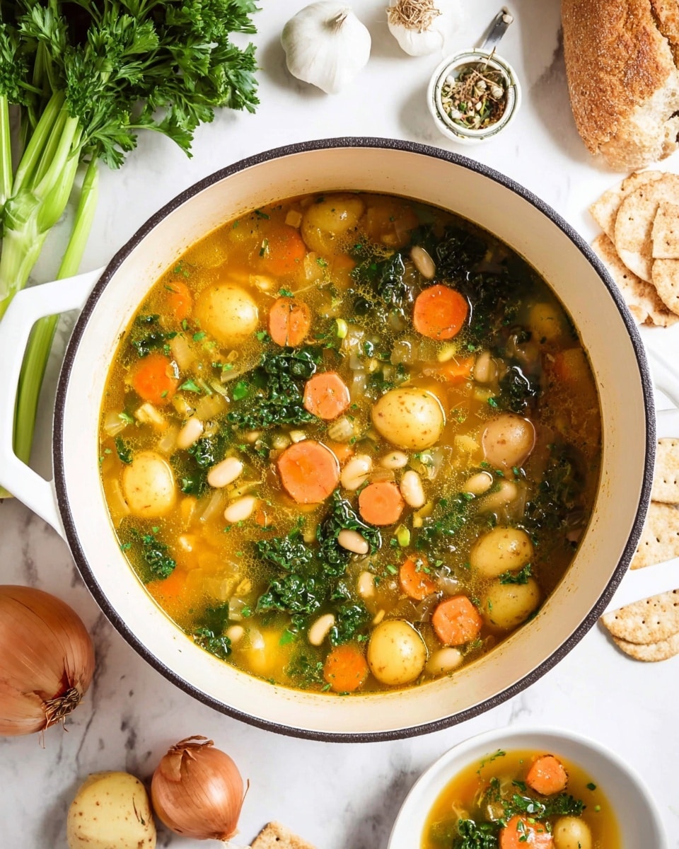 The image shows a white pot filled with vegetable soup, layered with a golden-yellow broth at the base. Inside, there are small whole potatoes with a light brown skin scattered throughout. Bright orange carrot slices are visible in multiple layers, some partially submerged, and vibrant green kale leaves float on the surface and underneath. Tiny white beans and bits of celery add texture and color depth evenly mixed in the soup. Around the pot, there are whole onions, garlic cloves, fresh parsley, celery stalks, a white bowl with soup, and some crackers, all set on a white marbled surface. Photo taken with an iphone --ar 4:5 --v 7