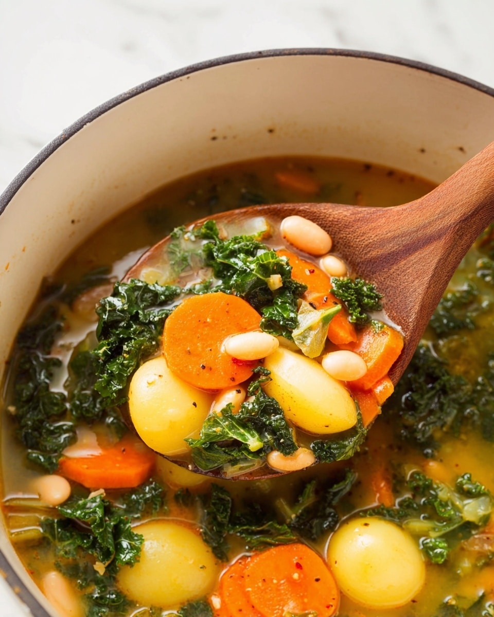 A close-up view of a vegetable soup in a white pot with a wooden spoon lifting some of the contents. The soup has layers of bright orange carrot slices, small whole yellow potatoes, dark green leafy kale, and small white beans all mixed in a light yellow broth. The texture shows the soft vegetables and beans submerged in the broth with small bits of herbs and spices visible. The background is a white marbled texture. Photo taken with an iphone --ar 4:5 --v 7