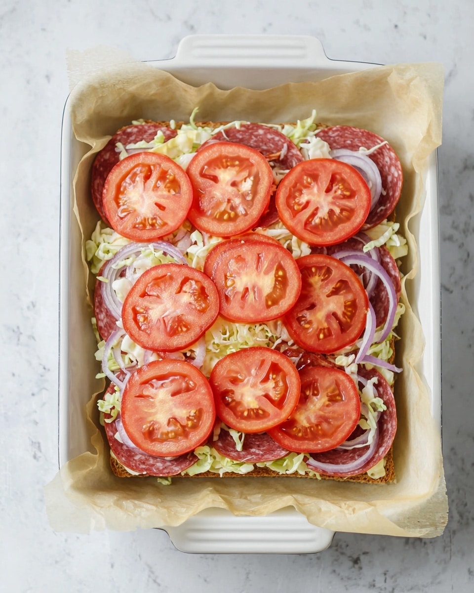 A square sandwich sits inside a white baking dish lined with parchment paper. The bottom layer is a slice of bread, topped with round slices of red salami that cover the bread fully. On top of the salami is a mix of shredded lettuce and thinly sliced red onions mixed with a creamy dressing, creating a textured layer of light green, white, and purple colors. The top layer consists of bright red, evenly cut tomato slices arranged neatly in two rows, covering the sandwich fully. The whole setup rests on a white marbled surface. photo taken with an iphone --ar 4:5 --v 7