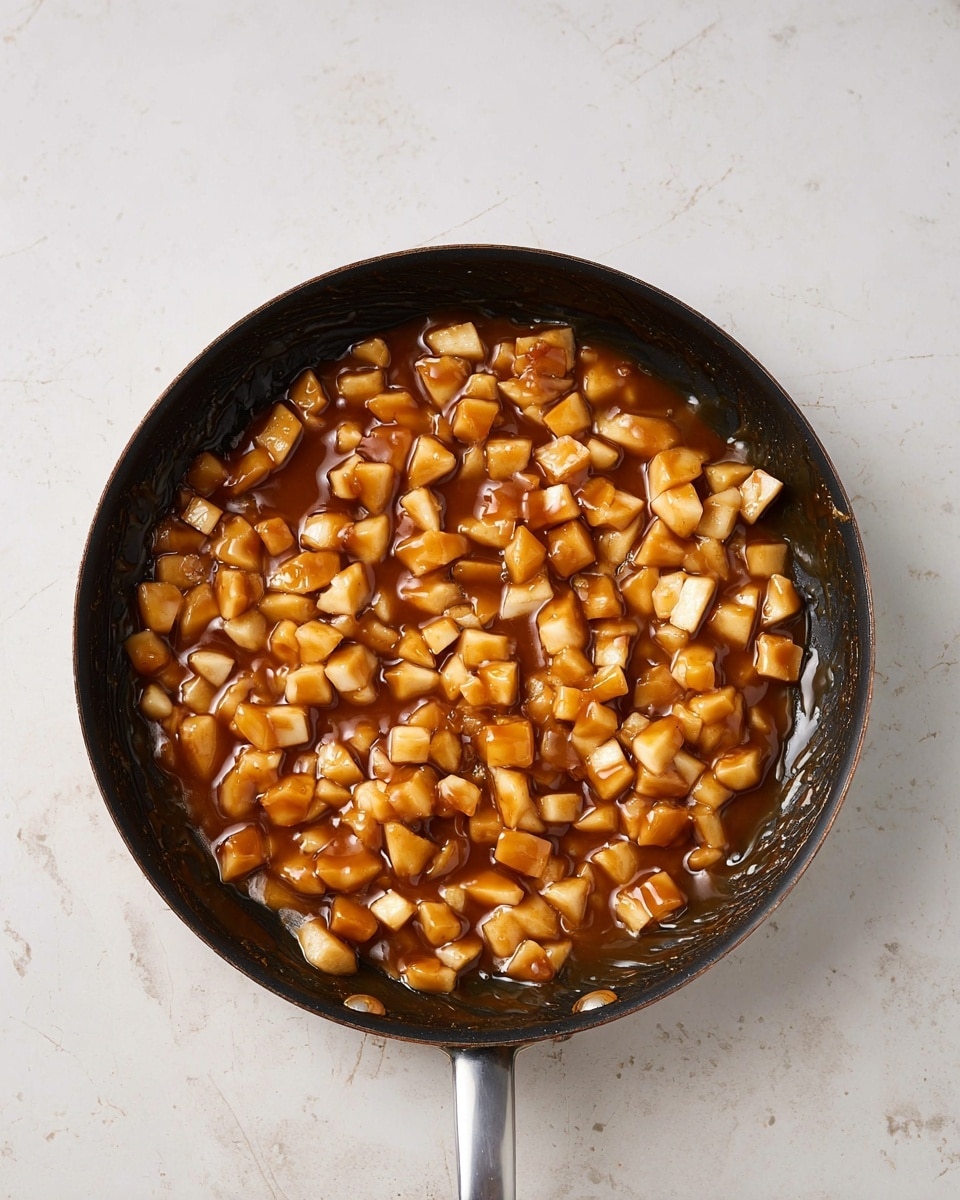 A black pan filled with small, soft diced apple pieces coated in a shiny, thick caramel-brown sauce. The sauce looks glossy and evenly covers the apple pieces, which have a creamy light brown color with some darker edges. The pan is placed on a white marbled surface, and the pan's silver handle extends toward the bottom of the image, showing a simple metal texture. photo taken with an iphone --ar 4:5 --v 7
