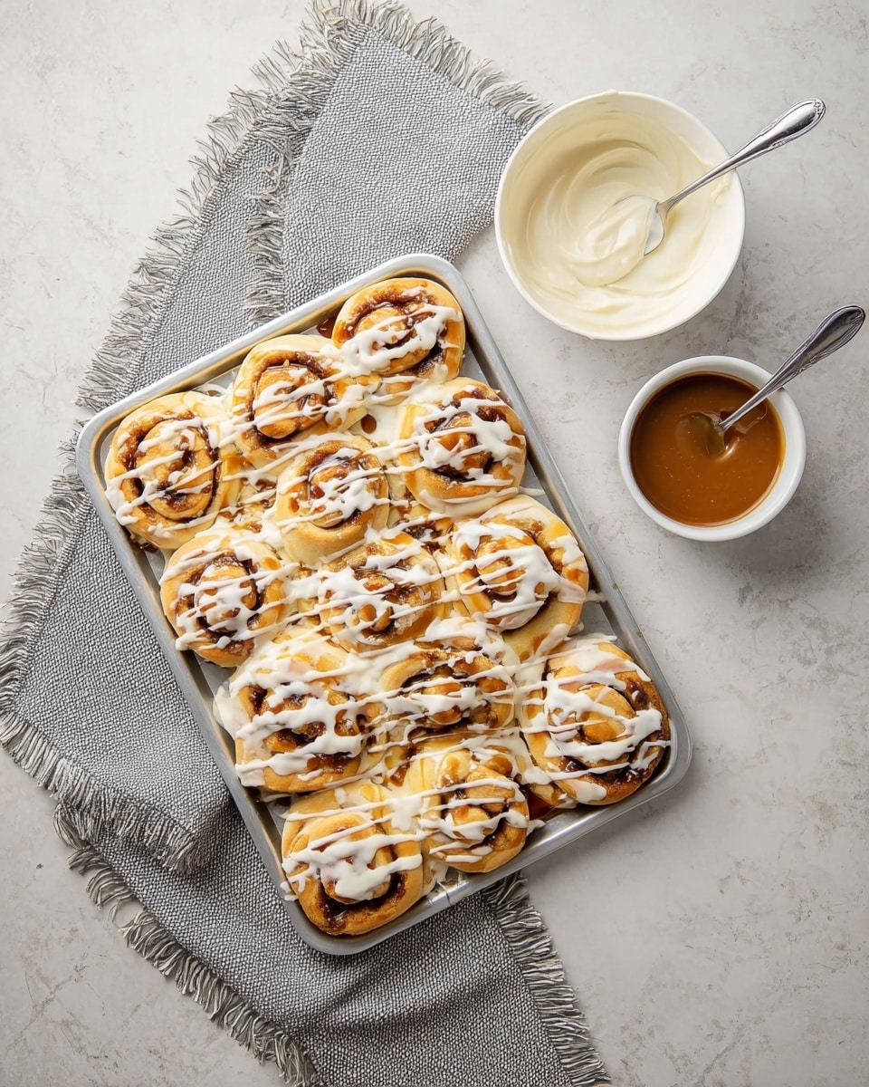 The image shows a silver baking tray filled with twelve small round cinnamon rolls, each with a light golden-brown color and swirls of darker cinnamon filling visible. The rolls are topped with a thick white icing drizzled in diagonal stripes, along with a thin layer of light brown caramel sauce adding shine and contrast. To the right of the tray are two white bowls, one filled with white icing with a spoon resting inside, and the other containing caramel sauce with a spoon. The tray is placed on a grey cloth with fringed edges over a white marbled surface. photo taken with an iphone --ar 4:5 --v 7