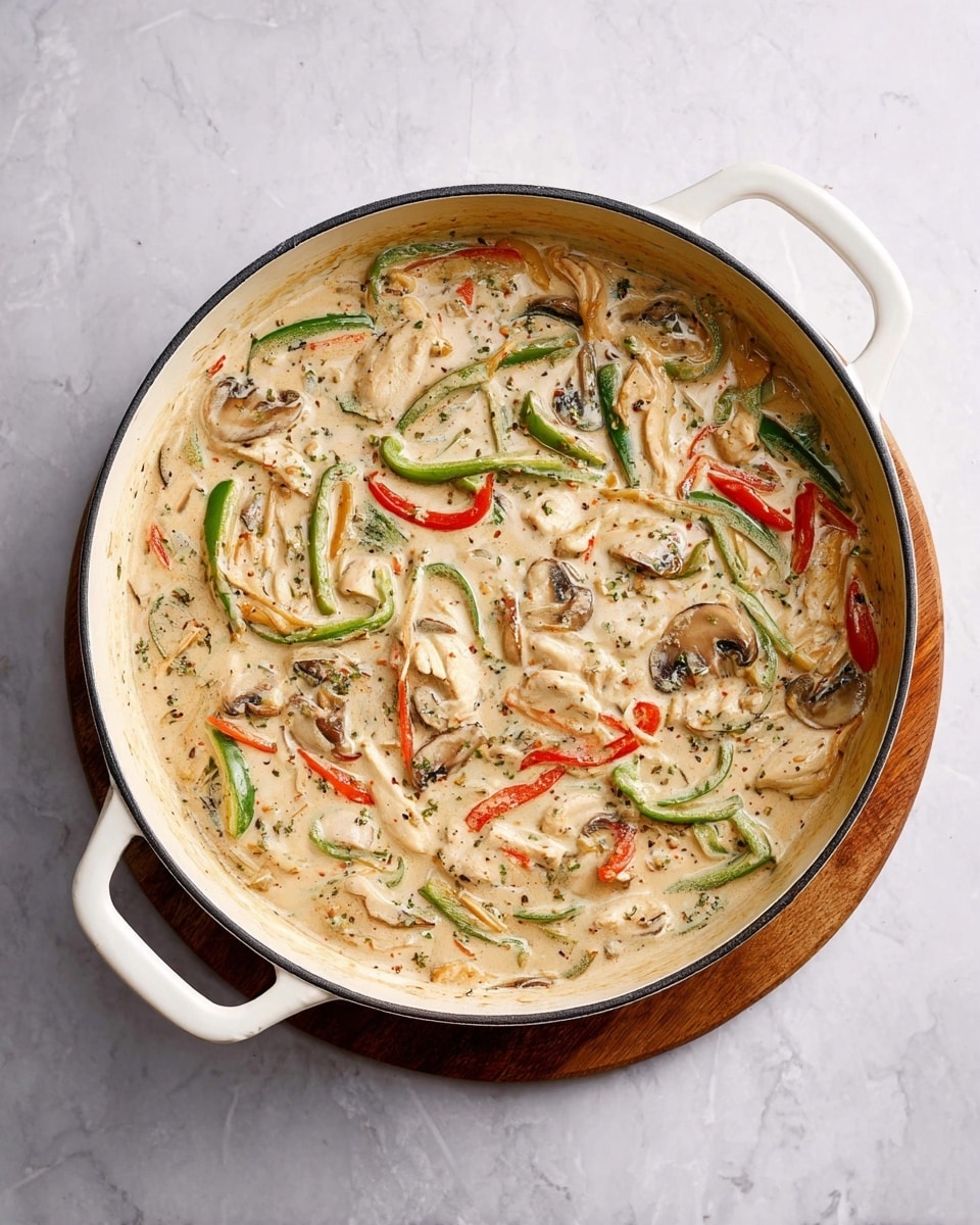 A white pot filled with a creamy sauce that covers sliced mushrooms, thin green and red bell pepper strips, and chunks of chicken. The sauce has a smooth, beige color with visible herbs and spices mixed in. The vegetables and chicken pieces are evenly spread throughout the sauce, creating a mix of textures and colors. The pot sits on a wooden trivet placed on a white marbled surface, with two white handles visible on each side. The photo taken with an iphone --ar 4:5 --v 7