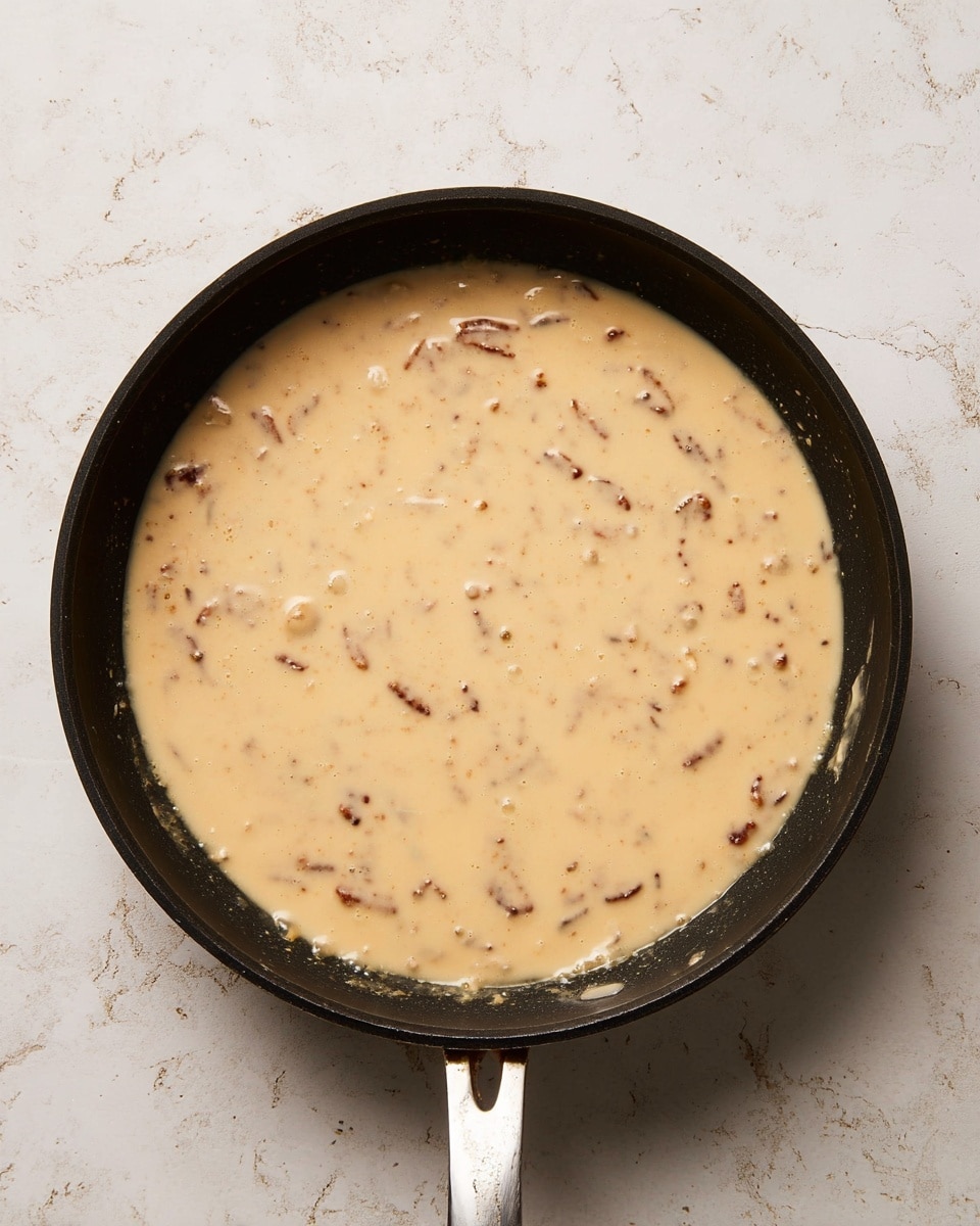 A black pan filled with a creamy light beige sauce that has small bits of brown ingredients scattered throughout. The sauce looks smooth and thick, covering the entire inside of the pan evenly. The pan handle is silver and slightly worn near the base, and the background has a white marbled texture. photo taken with an iphone --ar 4:5 --v 7