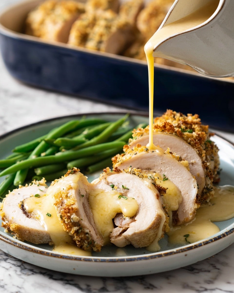 The image shows a white plate with a blue dish on top, holding a sliced roll of light-colored cooked meat with golden brown crispy crumbs on top. Each slice reveals a creamy yellow cheese layer inside with some herbs sprinkled throughout. A smooth beige sauce is being poured over the sliced roll from a small white pitcher. On the side, there are bright green cooked green beans arranged neatly. The plate sits on a white marbled surface with a dark blue baking dish of the same rolled meat with crispy topping in the background. photo taken with an iphone --ar 4:5 --v 7
