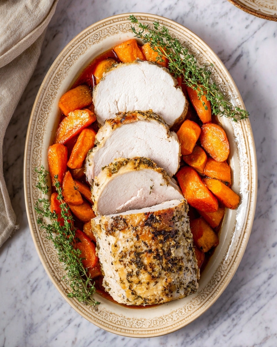 The dish shows a total of three main layers: at the center, there are two thick slices of white cooked meat placed on a round sliced piece of meat called a roast, which has a textured light brown and herb crust on top; on both sides of the roast, there are bright orange carrot slices with a slightly roasted texture, and two sprigs of fresh green thyme are laid gently across the carrots on each side. The food is arranged on a detailed beige oval plate with an ornate rim, all set on a white marbled surface. Photo taken with an iphone --ar 4:5 --v 7