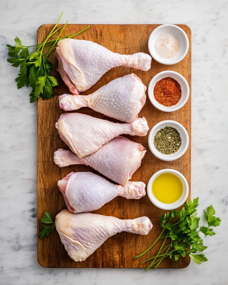 A wooden cutting board with six raw turkey drumsticks arranged in two rows, each drumstick showing pale pink and white skin texture. Around the drumsticks are small white bowls containing different spices: one bowl with red powder, one with green dried herbs, one with yellow oil, one with black pepper, one with white granulated seasoning, one with light brown powder, and one with white salt. Fresh green parsley leaves are placed on the top left and bottom right corners of the board. The setup is on a white marbled surface. photo taken with an iphone --ar 4:5 --v 7