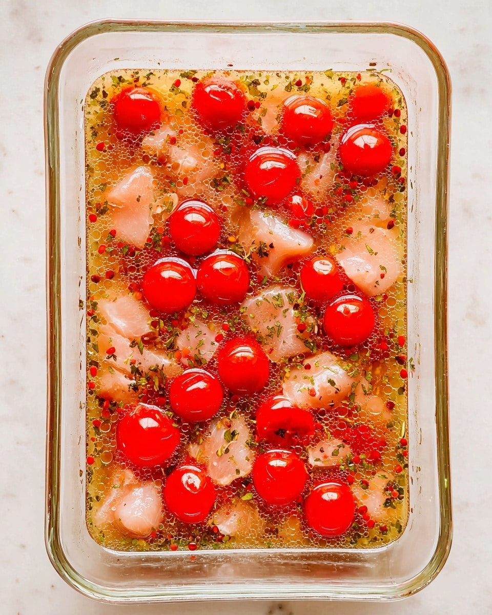 A clear rectangular glass dish filled with small raw pieces of pale pink meat spread evenly at the bottom, mixed with whole bright red cherry tomatoes scattered throughout. The dish is filled with a light brown liquid marinade with visible herbs and spices floating inside, creating a slightly textured surface with tiny bubbles. The background is a white marbled texture. photo taken with an iphone --ar 4:5 --v 7