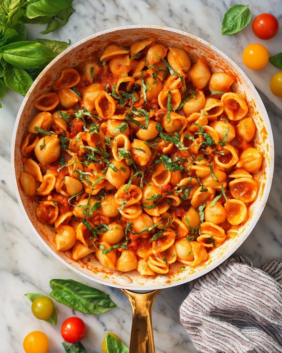 A white pan with a gold handle is filled with small round pasta shells coated in a bright orange-red tomato sauce. The pasta is mixed evenly with pieces of cooked tomatoes and topped with scattered fresh green basil leaves and chopped herbs. Around the pan on a white marbled surface, there are whole basil leaves and small yellow and red cherry tomatoes. A striped cloth is partially visible near the top right of the pan. Photo taken with an iphone --ar 4:5 --v 7