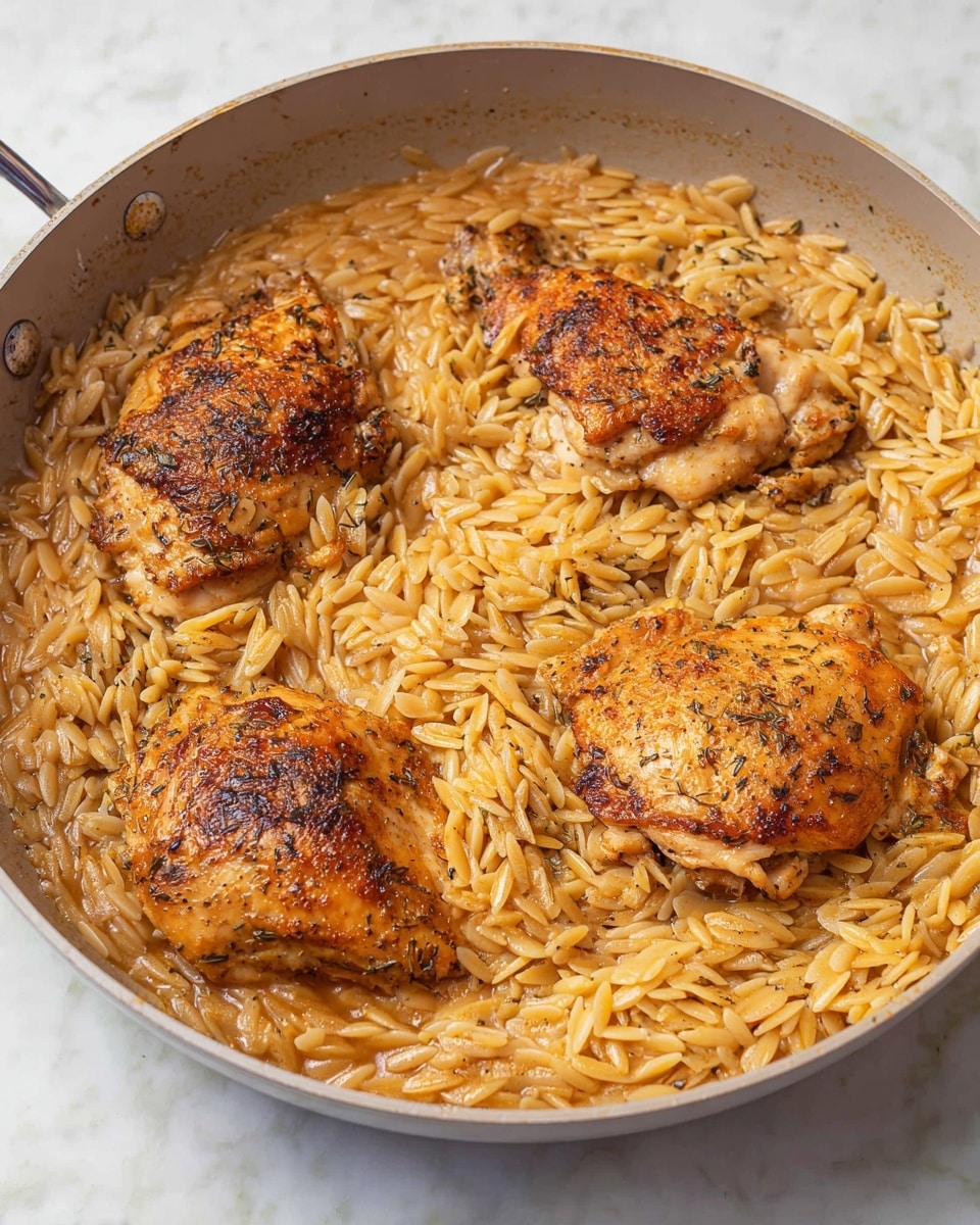 A light gray pan filled with four browned and seasoned chicken pieces placed evenly in the pan. Around and partially covering the chicken, there is a single layer of cooked orzo pasta soaked in a light brown sauce, creating a soft texture. The orzo grains are slightly shiny and scattered lightly over the chicken, showing some seasoning on top. The pan sits on a white marbled surface. photo taken with an iphone --ar 4:5 --v 7