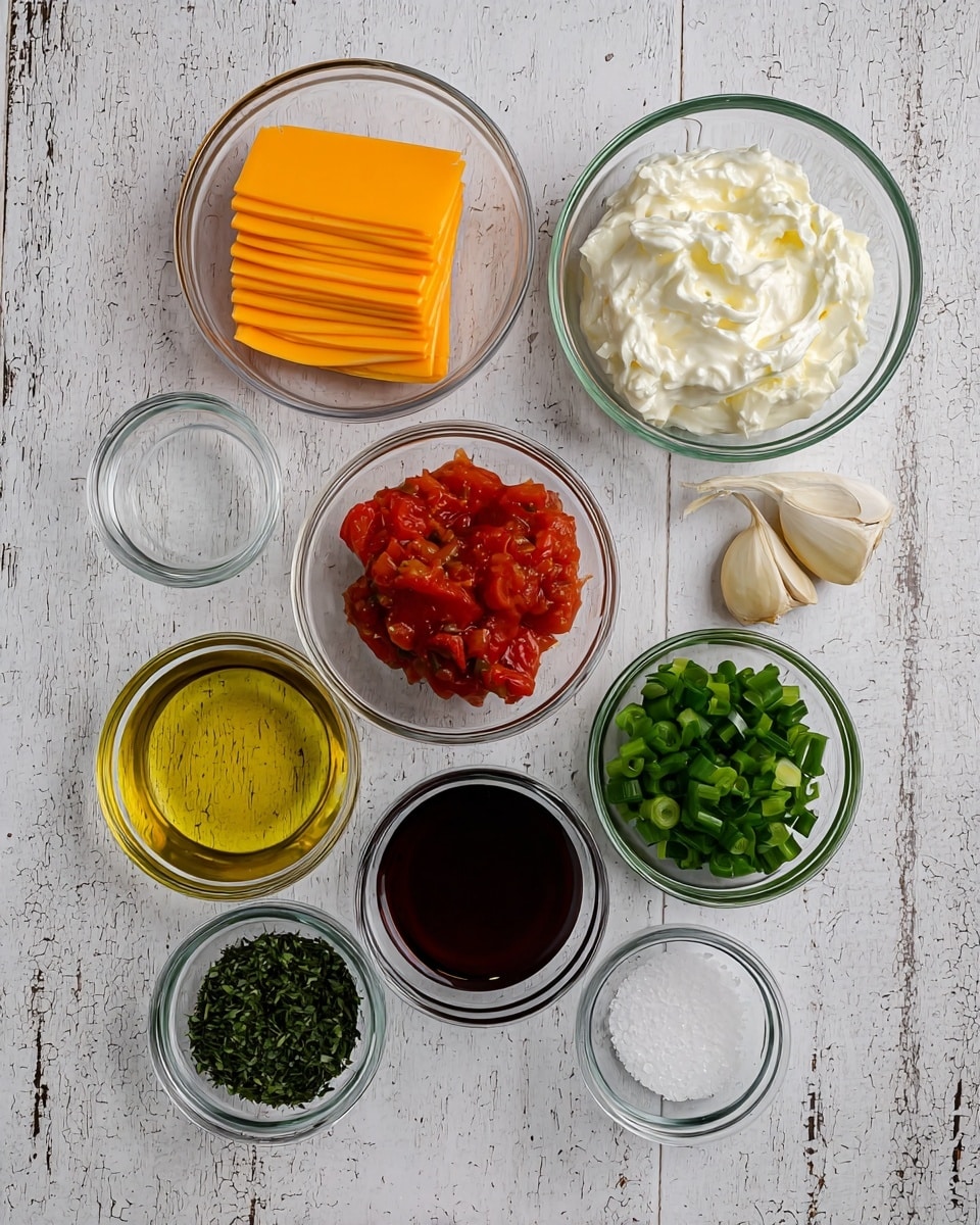 The image shows nine clear glass bowls arranged on a white marbled textured surface. The top left bowl contains six slices of bright orange cheese stacked neatly. To its right is a bowl filled with white creamy cheese or sour cream with a whipped texture. Below the cheese bowls, there is a bowl of chunky red tomato pieces with some liquid, and next to it on the right, a bowl of chopped green onions. In the center row on the left, a bowl holds golden yellow olive oil, while the bowl next to it has a dark reddish-brown liquid, likely vinegar. Below the vinegar bowl, a smaller bowl contains finely chopped dark green herbs, and below it another bowl has coarser chopped green herbs. On the bottom right, a small bowl holds white granulated salt, and slightly above it, another small bowl contains two peeled garlic cloves. All the bowls are clear glass, showing the colors and textures of the ingredients inside clearly. Photo taken with an iphone --ar 4:5 --v 7