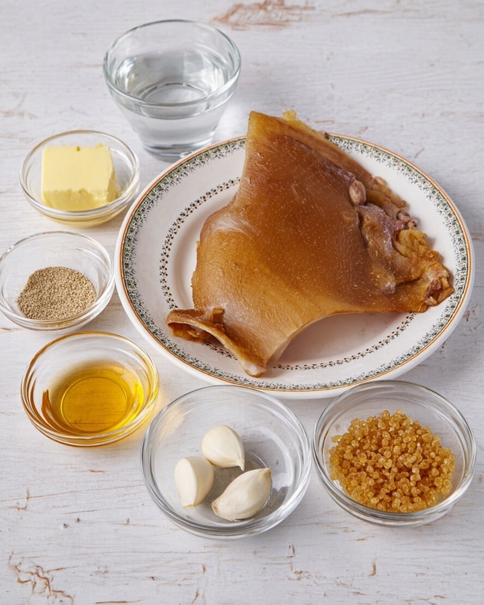 A single piece of cooked pork skin with light brown color and a smooth, slightly uneven texture sits in the center on a white plate with a decorative border. Around the plate on a white marbled surface are six small clear glass bowls or cups: the top right has clear water, the top left holds a portion of pale yellow butter, below it is a bowl with amber-colored honey, next to the honey is a smaller bowl with a grainy yellow-brown mustard, the middle right bowl contains two peeled white garlic cloves, and the last bowl on the right holds a pile of golden brown sugar crystals. photo taken with an iphone --ar 4:5 --v 7