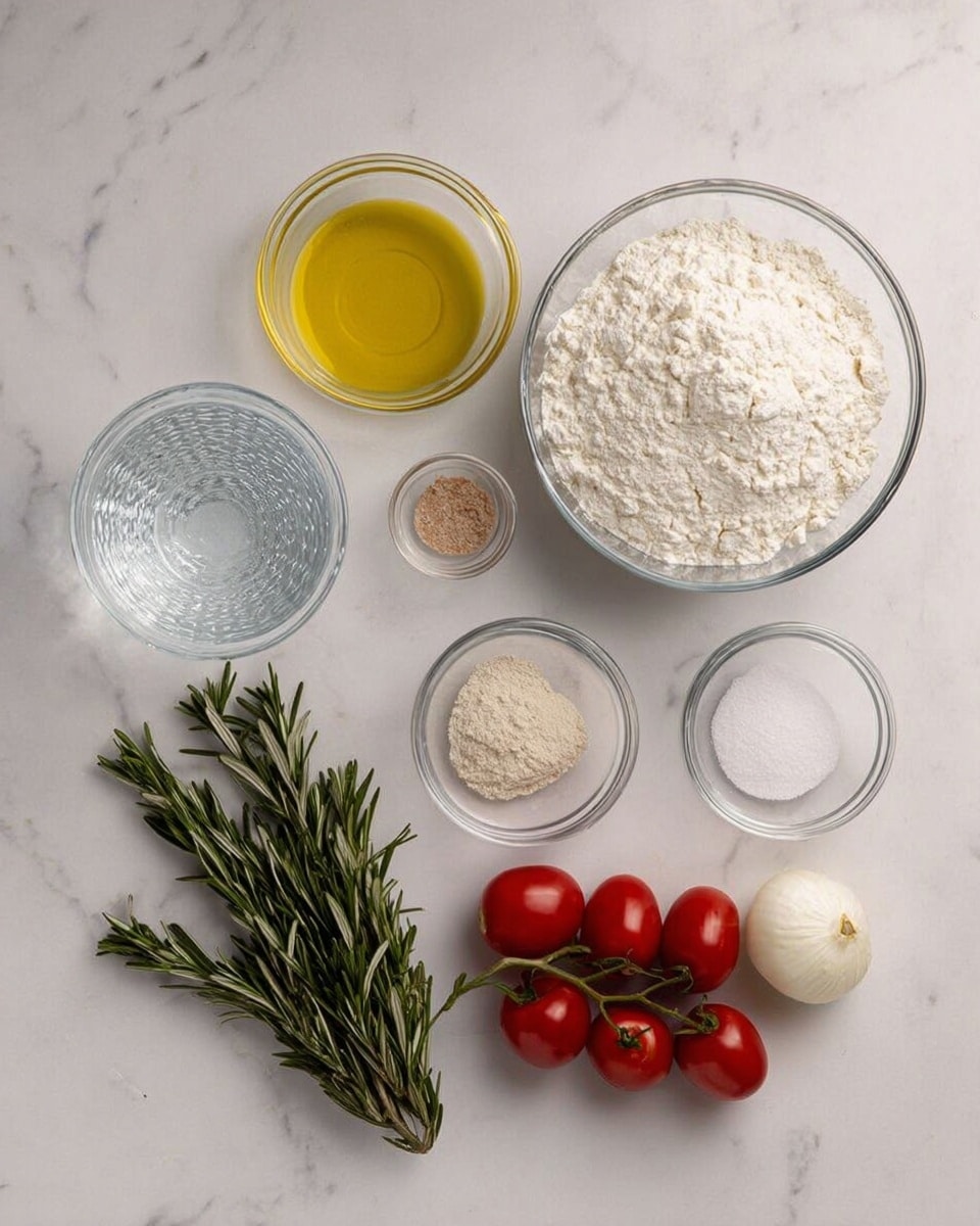 The image shows ingredients for a recipe arranged neatly on a white marbled surface. There is one large clear bowl filled with white flour at the top right. To its left is a small glass bowl with yellow olive oil. Below the flour is a clear glass of water with a textured surface. Near the middle are three small clear bowls with different powders: one with light brown yeast, one with white granulated sugar, and one with fine white salt. In the lower left corner, there is a bunch of fresh dark green rosemary, a small cluster of red cherry tomatoes still on the vine, and a small white onion with its brown neck facing right. photo taken with an iphone --ar 4:5 --v 7