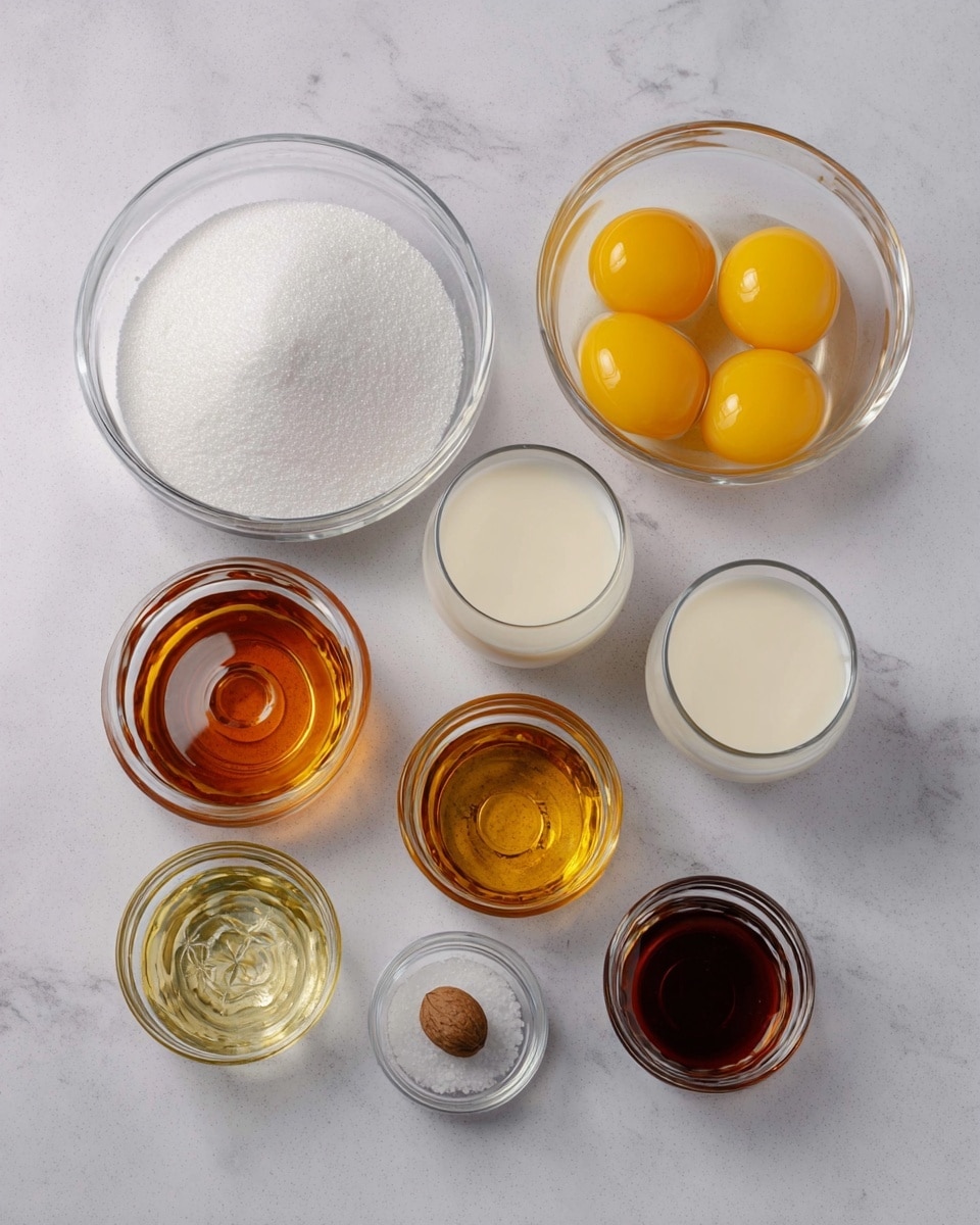 The image shows nine clear glass bowls and glasses with different ingredients arranged neatly on a white marbled surface. There is one large bowl filled with white granulated sugar on the top left, next to a medium bowl holding six bright yellow egg yolks. To the right are two small glasses filled with creamy white liquids placed side by side. Below, from left to right, there are three glasses with liquids of amber, clear, and dark brown colors. In front of these, two small bowls contain a whole nutmeg seed and white salt crystals, arranged side by side. The scene is well lit and clean. Photo taken with an iphone --ar 4:5 --v 7