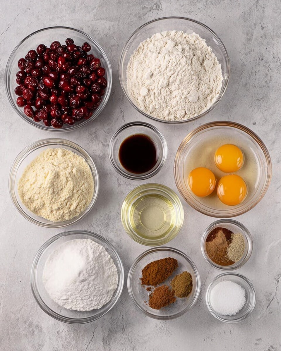 Several clear glass bowls with different ingredients are placed on a white marbled surface. From left to right, there is a bowl of dark red cranberries with a shiny texture, a large bowl filled with off-white flour showing a powdery texture, a small bowl with dark liquid vanilla extract, and a bowl with white granulated sugar that looks fine and smooth. Above these, there is a bowl of light powdered sugar, a bowl of a creamy beige mixture, and a bowl with two raw eggs showing bright orange yolks and clear whites. To the right, a bowl with clear oil is placed. Small bowls at the front hold white baking powder, ground cinnamon with a warm brown color, and ground spices with a mix of brown and bits of green. All bowls are arranged neatly and show the ingredients clearly. Photo taken with an iphone --ar 4:5 --v 7