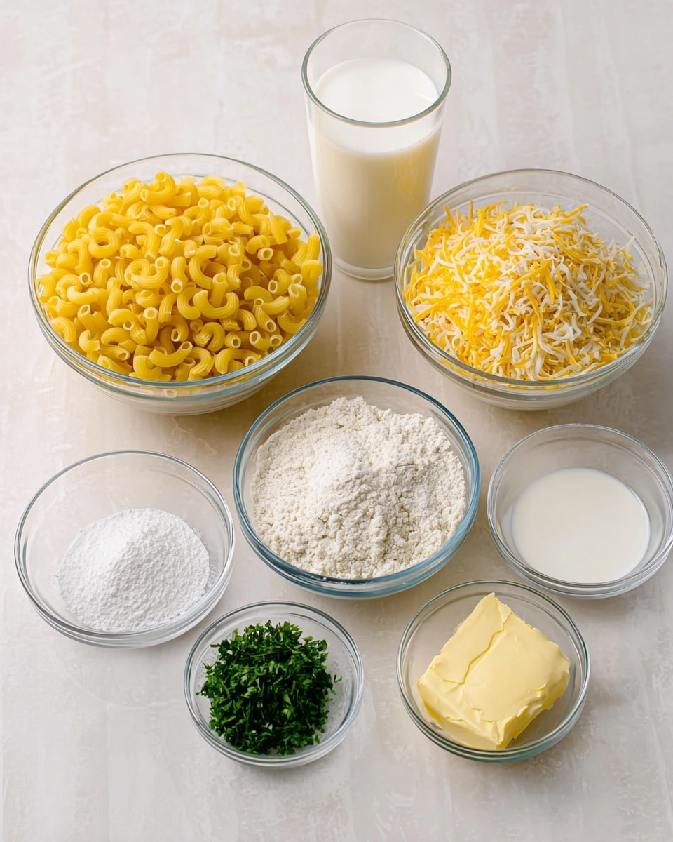 The image shows seven clear glass bowls and one glass cup arranged on a white marbled surface. The largest bowl at the back left is filled with yellow elbow macaroni pasta, while to its right is another large bowl containing a mix of shredded yellow and white cheese. Next to the cheese bowl is a tall glass filled with white milk. In the front row, there are four smaller clear bowls: one with white salt, one with chopped green herbs, one with white flour, and one with a light yellow spread of butter. The items are neatly placed and clearly visible. Photo taken with an iphone --ar 4:5 --v 7