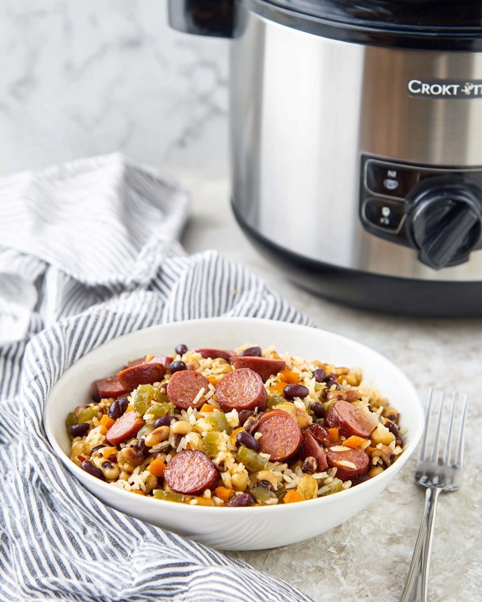A white bowl filled with a colorful mix of sliced reddish sausage pieces, black-eyed peas, white rice, and diced green and orange vegetables, all mixed together and sitting on a light textured surface. The bowl is placed in front of a silver slow cooker with a black top and control knob, and next to it is a silver fork resting on the surface. Softly striped cloths in white and blue are partially draped around the bowl, creating a cozy setting. The background features a white marbled texture. photo taken with an iphone --ar 4:5 --v 7