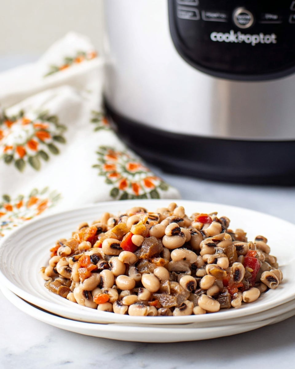A white plate holds a pile of cooked black-eyed peas mixed with small pieces of reddish-orange vegetables and brown chunks, creating a mix of creamy beige, black spots, bright orange, and warm brown colors. The beans look soft and slightly shiny, showing their cooked texture. The plate sits on a white marbled surface, next to a white cloth with green and orange patterns. In the background, there is a silver and black slow cooker with the word