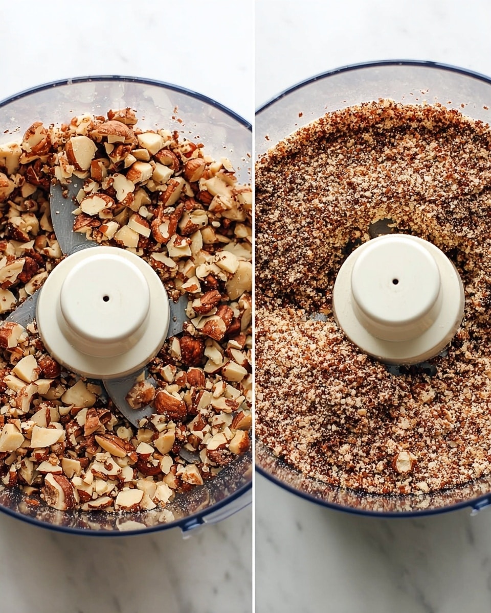 The image shows two clear food processor bowls filled with chopped nuts in different stages. On the left side, the nuts are chunky with medium-sized pieces visible, showing a mix of light and dark brown textures around the white blade in the center. On the right side, the nuts are finely chopped into smaller, more uniform crumbs that form a rough, dense layer around the white blade. Both bowls sit on a white marbled surface, creating a clean and bright background. photo taken with an iphone --ar 4:5 --v 7