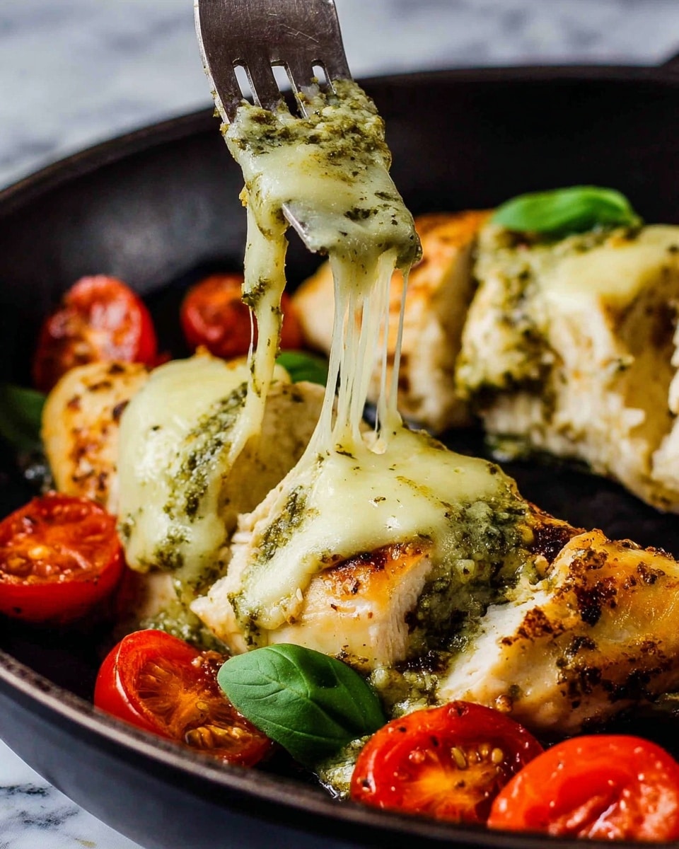 The dish shows three long pieces of cooked chicken layered with green pesto sauce spread on top, and melted pale yellow cheese stretching from a fork held above the center piece. Around the chicken, there are halved red cherry tomatoes and fresh green basil leaves scattered. All this is served inside a black pan, with the background changed to a white marbled texture. Photo taken with an iphone --ar 4:5 --v 7