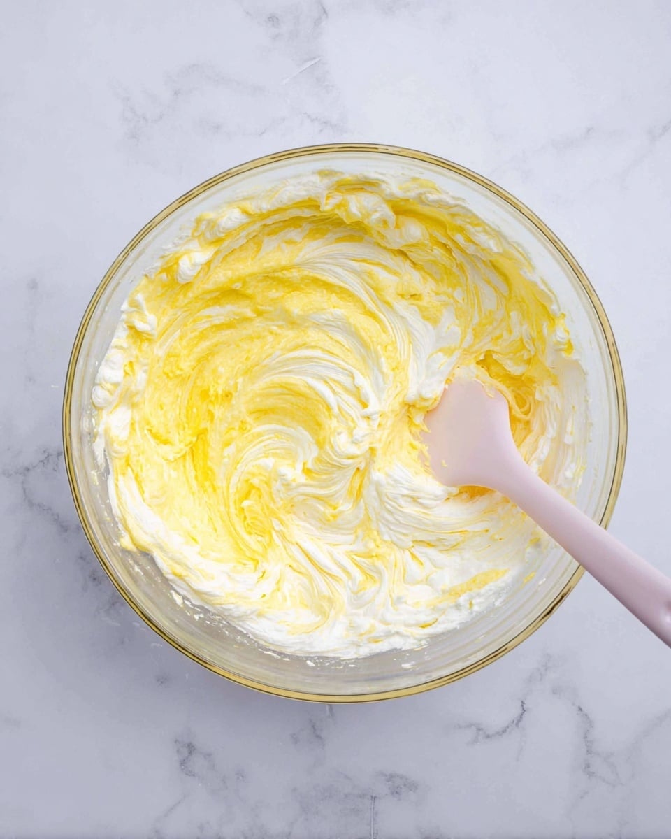 A clear glass bowl sits on a white marbled surface, filled with a thick mix of two main layers swirling together: a bright yellow layer and a fluffy white layer. The yellow part looks creamy and smooth, while the white part appears soft and airy. A pale pink silicone spatula is partially buried into the mixture on the right side of the bowl, blending the two colors gently. The overall look is light and creamy with a soft texture, showing the mix in the middle of being stirred photo taken with an iphone --ar 4:5 --v 7