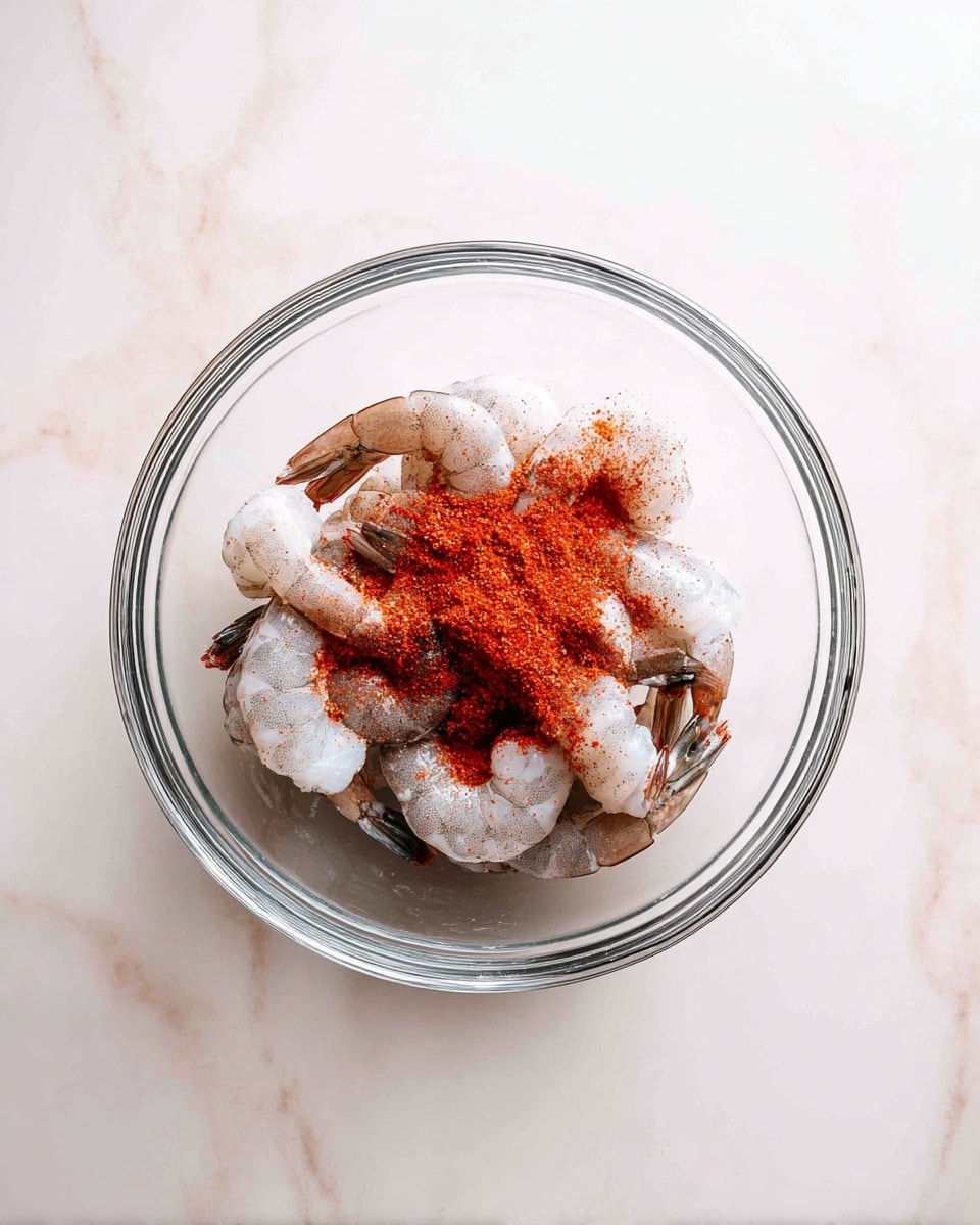 A clear glass bowl sits on a white marbled surface filled with raw shrimp that are gray and slightly pink in color. On top of the shrimp, there is a layer of bright red powdered spice scattered unevenly along with a light dusting of white granular salt. The shrimp are arranged in a loose pile, showing different curved shapes and textures with some shells still attached. photo taken with an iphone --ar 4:5 --v 7