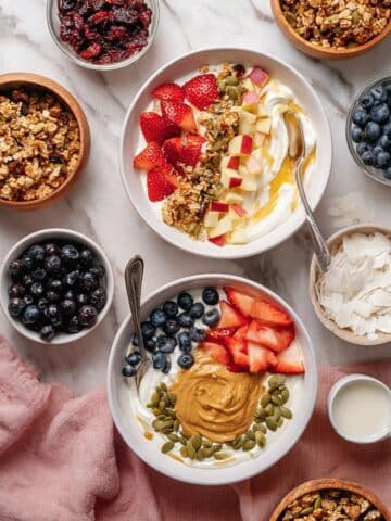 Yogurt Bowls with Fresh Fruit, Nut Butter, and Crunchy Toppings Recipe