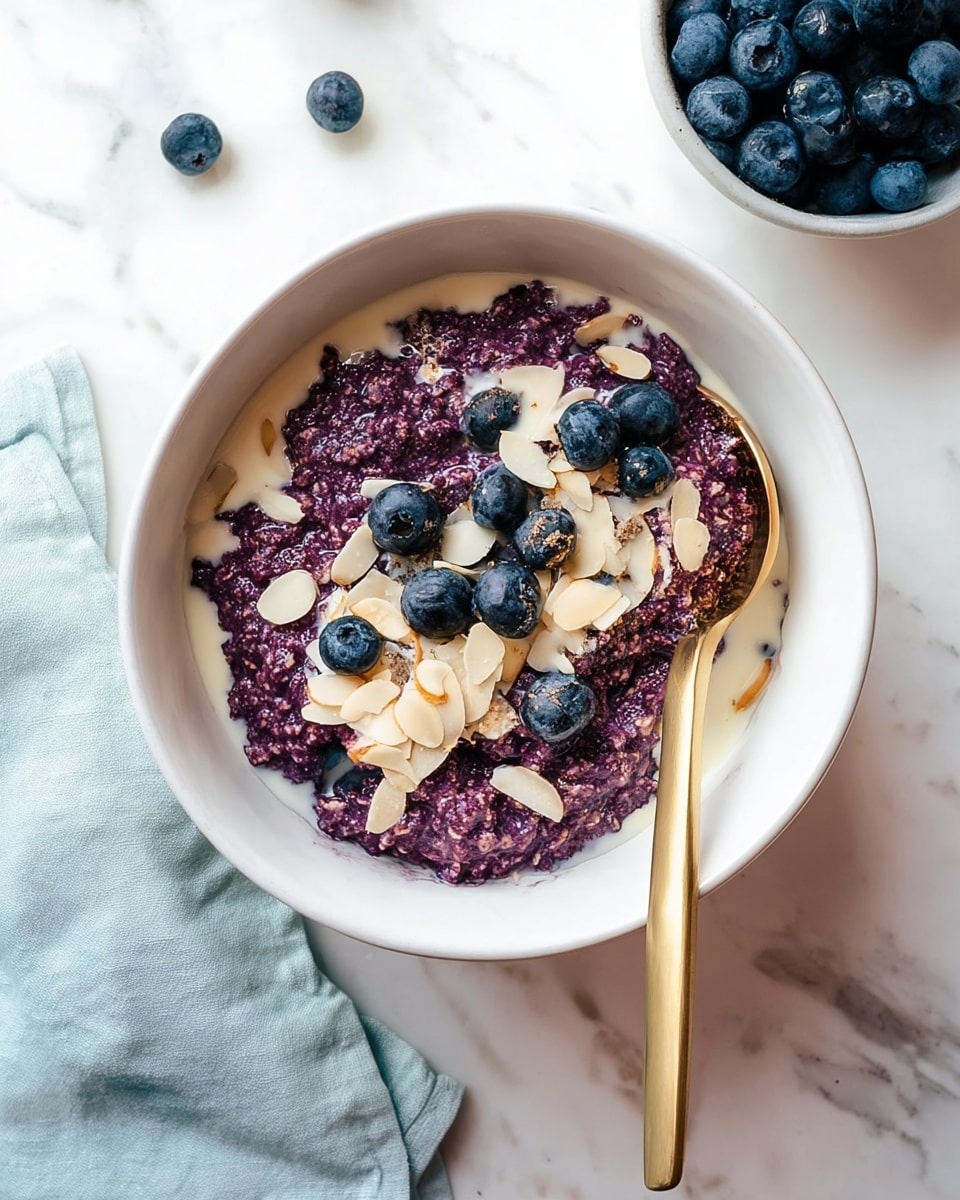 A white bowl sits on a white marbled surface, filled with a thick purple oatmeal layer that looks soft and textured. On top of the oatmeal are scattered fresh, plump blueberries adding dark blue spots around the bowl. Thin pale beige almond slices are sprinkled over the top, adding a light crunchy texture. Creamy white milk or cream flows around the oatmeal slightly filling the edges of the bowl. A shiny gold spoon rests inside the bowl, its handle extending out toward the bottom left corner. To the right, a small bunch of blueberries lies on the white marbled surface next to a pale blue cloth. Photo taken with an iphone --ar 4:5 --v 7