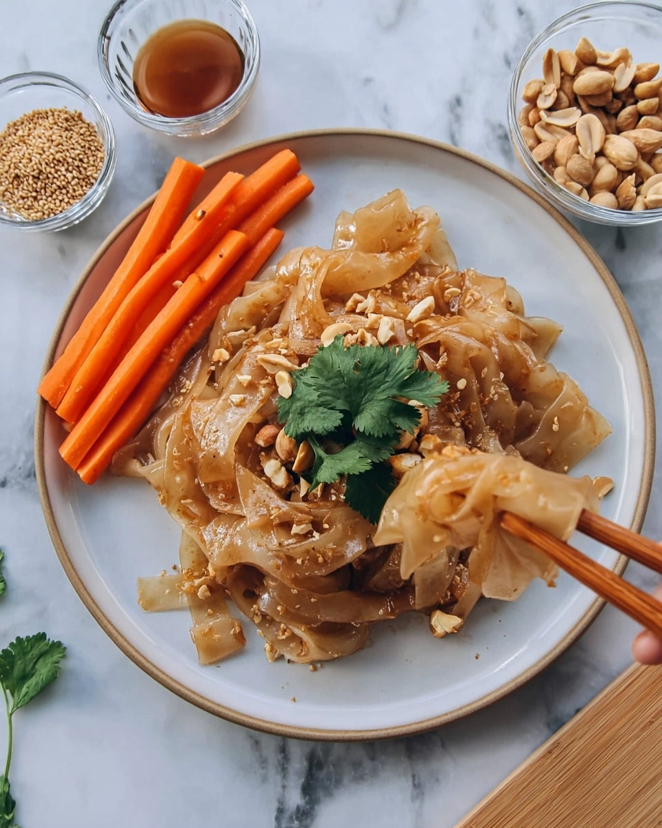 A white plate holds a serving of wide, flat, translucent noodles with a light brown sauce that makes them shiny and soft. The noodles are layered loosely, with some pieces folded and others spread flat, topped with small pieces of chopped nuts and a fresh green cilantro sprig in the center. To the left side of the plate, three long, bright orange carrot sticks are placed neatly. In the background on a white marbled surface, two small clear glass bowls hold sesame seeds and roasted peanuts. A pair of chopsticks held by a woman's hand lifts a portion of the noodles from the right side. Photo taken with an iphone --ar 4:5 --v 7