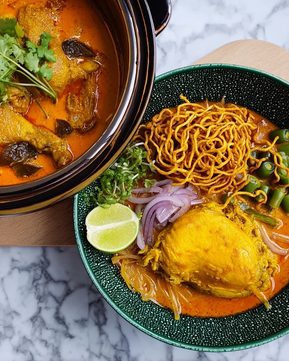 The image shows a bowl filled with a rich orange curry at the base, topped with a piece of yellowish cooked chicken placed slightly off center. To the right side of the chicken are small green vegetables, and above them are twisted, crispy, golden noodles. On the left, there are thin slices of purple shallots and a bright green lime half placed near the edge of the bowl. A sprig of fresh green herbs lies on the noodles near the chicken. The bowl itself is white with a textured deep green inner surface, sitting on a white marbled surface. Next to this bowl, on the right, is a black pot filled with thick orange curry and two pieces of chicken inside. Photo taken with an iphone --ar 4:5 --v 7