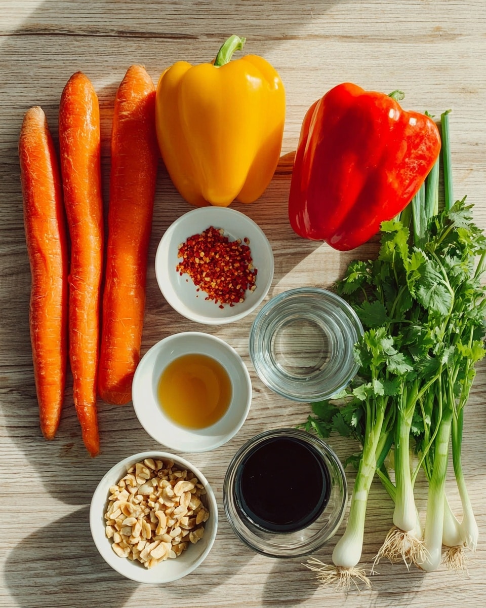 The image shows fresh cooking ingredients laid out on a light wooden surface. There are three whole orange carrots on the left. To their right, there is a bright yellow bell pepper and a red bell pepper next to each other. Above the carrots is a small white bowl with red chili flakes, and below the peppers are several small white bowls: one filled with chopped nuts, another with a light golden liquid, one with water, and a small glass container with a dark sauce. On the far right, there are fresh green cilantro bunches and three spring onions with white bottoms and green tops. The image has bright natural light and clear focus. photo taken with an iphone --ar 4:5 --v 7