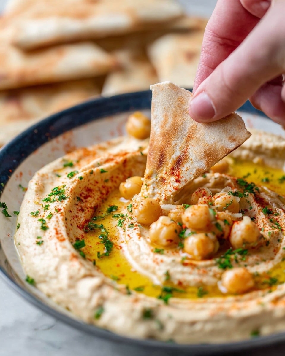 A close-up image of a woman's hand dipping a triangular piece of lightly toasted pita bread into a bowl of creamy hummus. The hummus has a smooth pale beige base with a shallow swirl pattern on top, drizzled with golden olive oil, scattered cooked chickpeas, and sprinkled with red paprika and finely chopped green herbs. The dish is served in a white bowl with a dark blue rim, placed on a white marbled surface. In the background, more pita bread is slightly out of focus. Photo taken with an iphone --ar 4:5 --v 7