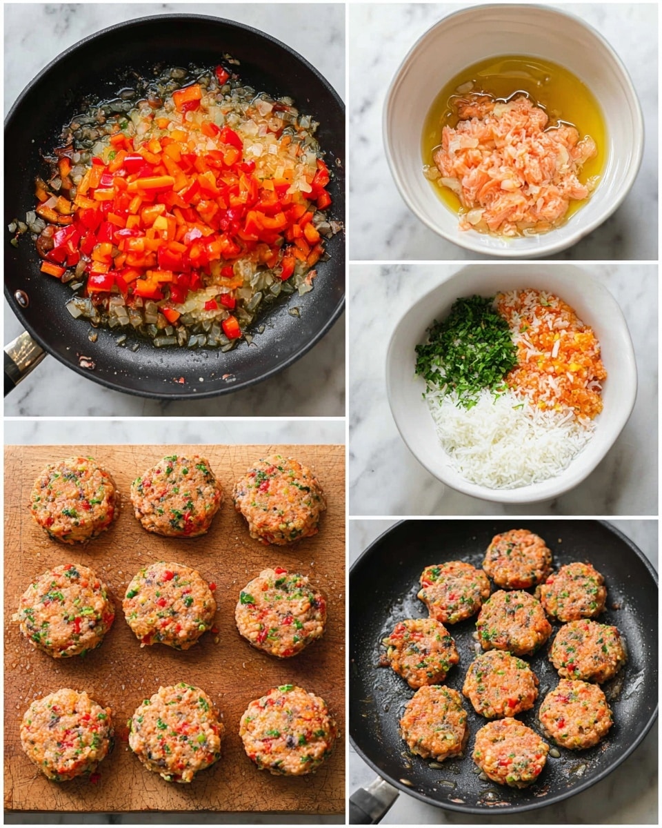 The image shows a sequence of cooking steps for making salmon patties. The first layer features a black pan with finely chopped bright red bell peppers and white onions sizzling in oil. The second layer shows the same pan with the peppers and onions cooked to a soft orange and translucent white color. The third layer contains a white bowl where cooked pink salmon flakes, golden oil, diced sautéed peppers and onions, white rice, and chopped green herbs are placed side by side. In the fourth layer, the ingredients are mixed together to form a uniform textured salmon mixture with orange, green, and white specks. The fifth layer shows nine round, uncooked salmon patties laid out on a wooden board, each patty showing visible bits of red peppers, green herbs, and white rice. The final layer has the salmon patties frying in the black pan, surrounded by oil, with visible color changes indicating they are cooking, showing brownish edges and mixed orange tones. The whole scene is set on a white marbled surface. Photo taken with an iphone --ar 4:5 --v 7