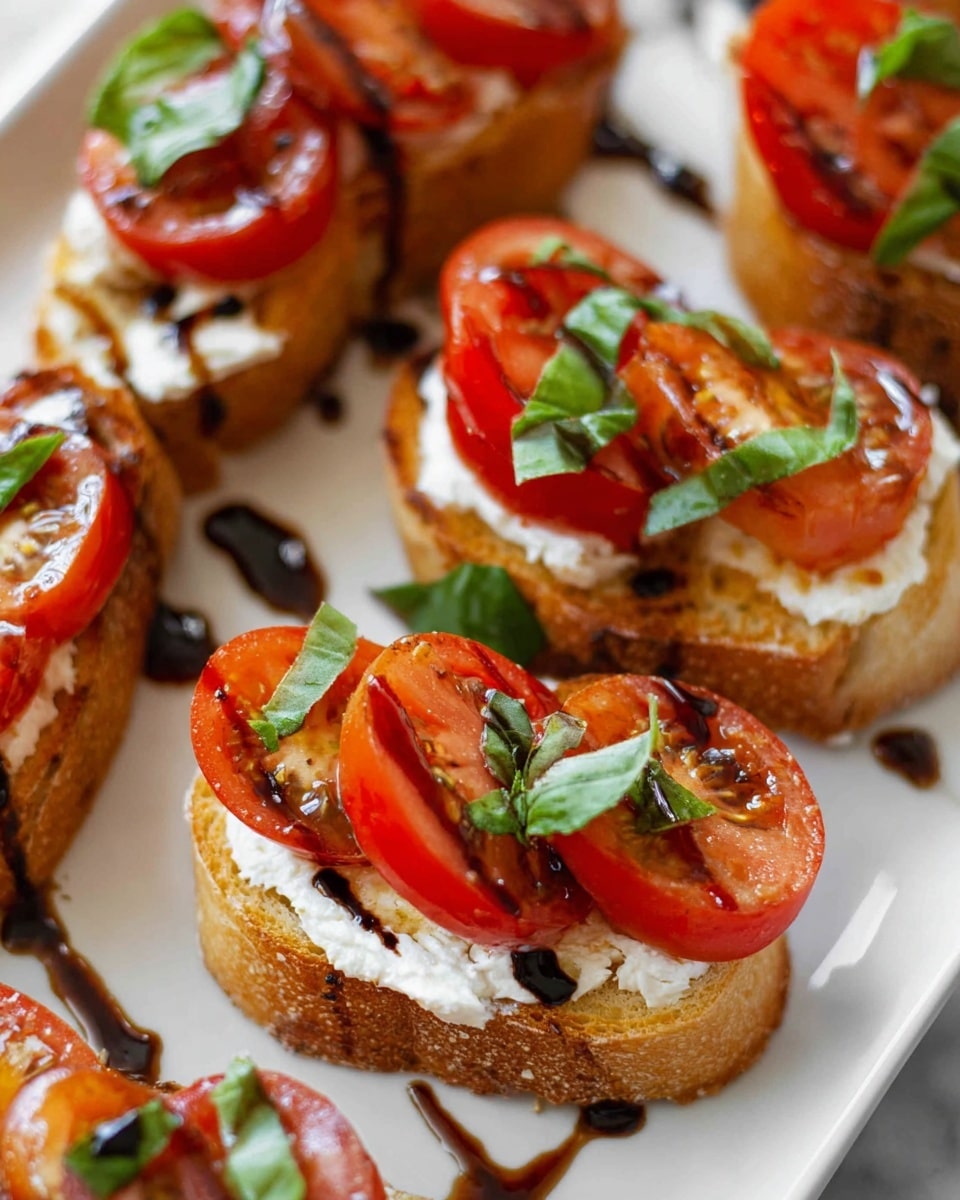 The image shows several pieces of toasted bread as the first layer, each topped with a thick spread of white, creamy cheese. On top of the cheese, there are bright red tomato slices with green basil leaves placed around them. A dark balsamic glaze is artistically drizzled over the tomatoes and around the bread on a white plate, all of which are set on a white marbled surface. The textures range from the crunchy bread to the smooth cheese and juicy tomatoes, creating a fresh and colorful look. Photo taken with an iphone --ar 4:5 --v 7