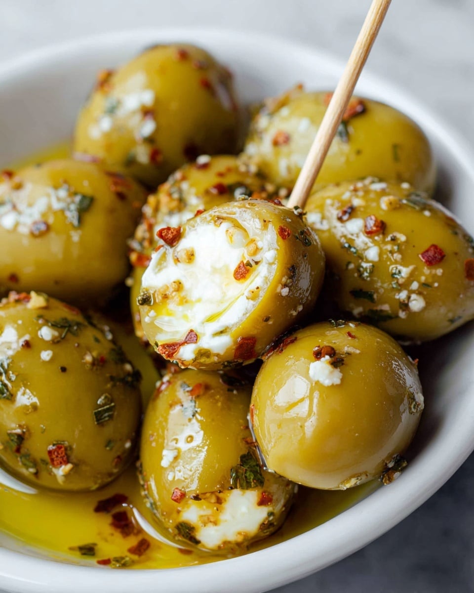 This image shows a close-up of about ten green olives stuffed with white creamy cheese, soaked in a light yellow oil with small bits of green herbs and red chili flakes spread over and around the olives. One stuffed olive is pierced by a thin wooden toothpick standing upright in the middle. The olives have a smooth and shiny texture that reflects light, sitting inside a white bowl on a white marbled surface. photo taken with an iphone --ar 4:5 --v 7