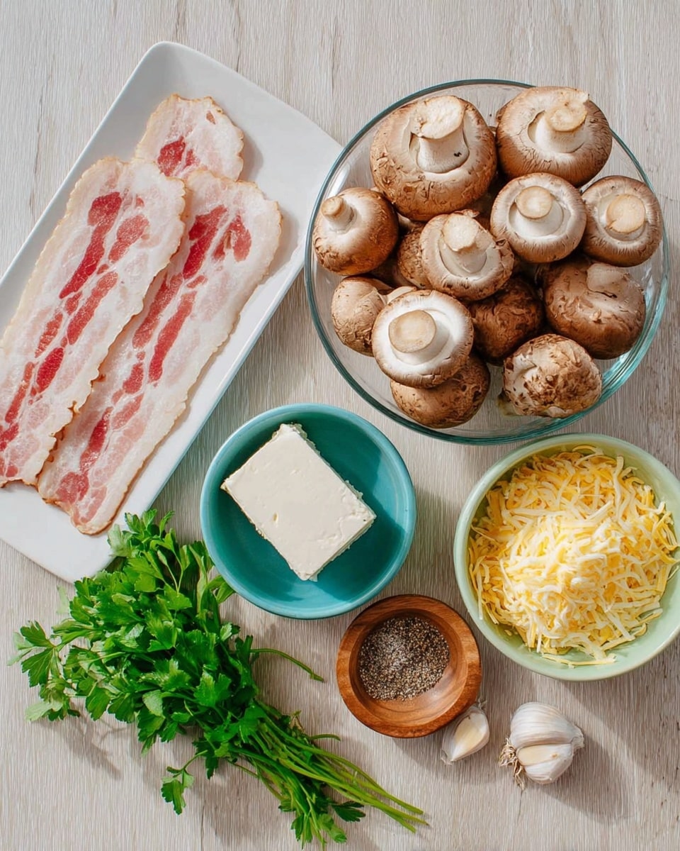 The image shows raw cooking ingredients arranged on a white marbled surface. On the left, there is a white rectangular plate with five strips of raw bacon, pale pink with white fat lines. Next to it, there is a clear glass bowl filled with whole brown mushrooms, rounded and textured. Above the mushrooms, a small white bowl contains a block of cream cheese with a smooth white surface. To the right of the mushrooms, a light green bowl holds shredded yellow cheese. Below the cheeses, there are three small containers: a turquoise bowl with ground black pepper, a wooden bowl with salt, and fresh green parsley sprigs lying flat with two peeled garlic cloves nearby. The photo taken with an iphone --ar 4:5 --v 7
