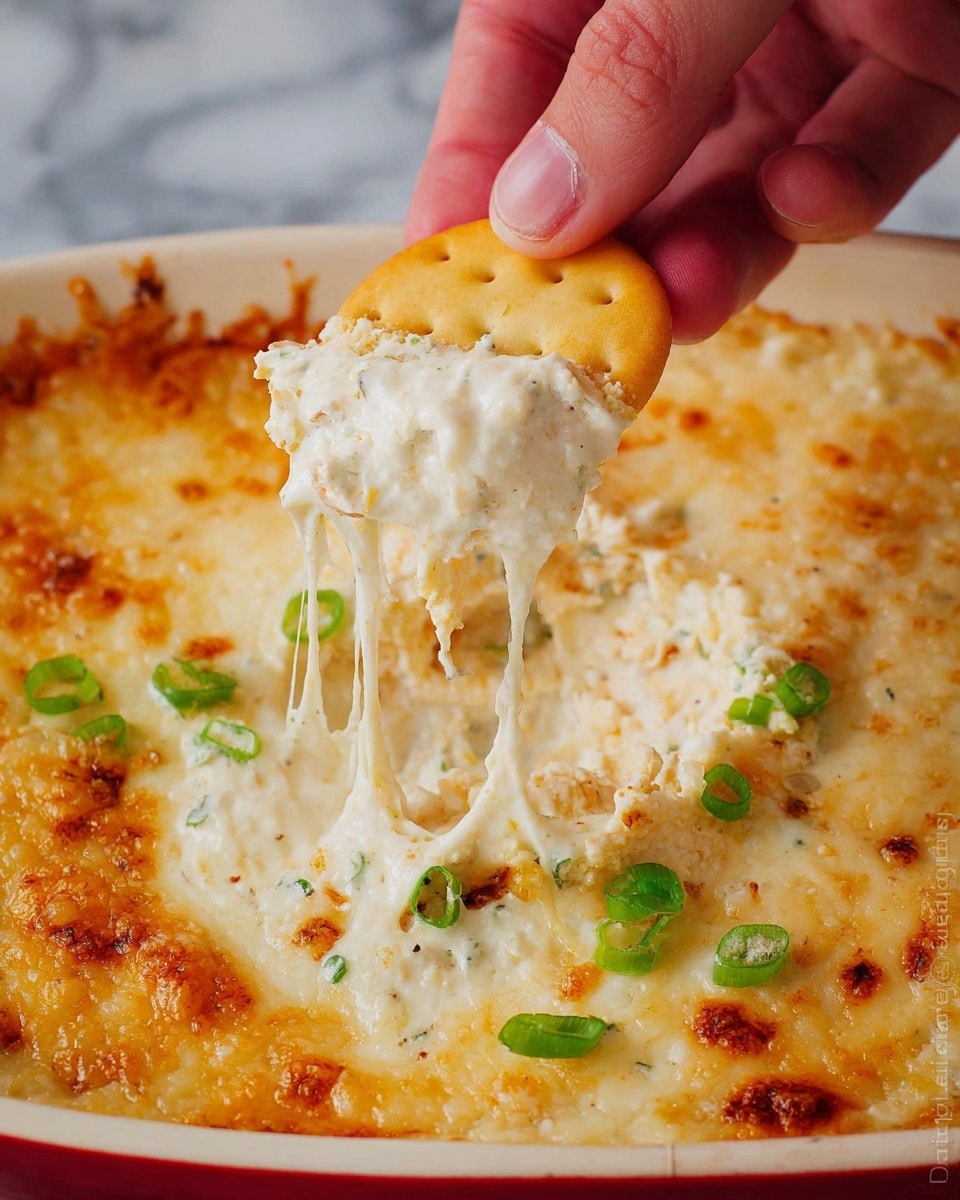 A woman's hand is holding a round, golden cracker dipped into a creamy, melted cheese dip that stretches in thin strings from the dip to the cracker; the dip is thick and pale yellow with a bubbly, slightly browned top layer and scattered bright green chopped scallions. The dip is in a white dish with a red rim, set on a white marbled surface. photo taken with an iphone --ar 4:5 --v 7