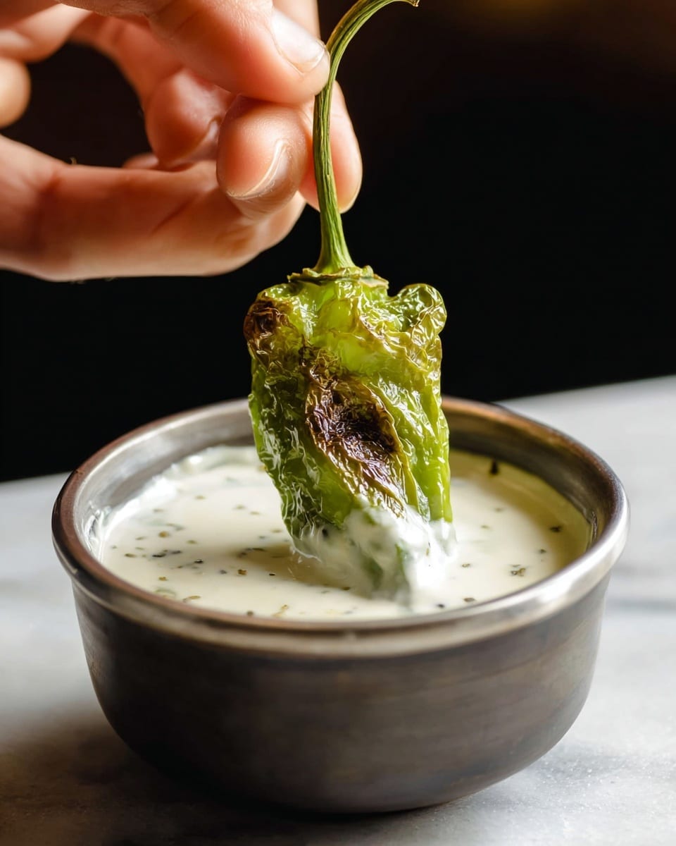 A close-up shot shows a woman's hand holding a roasted green pepper by its stem, dipping it into a small, round white bowl filled with thick white sauce that has small black specks. The pepper is wrinkled with charred brown spots on its shiny green skin, showing a soft, cooked texture. The bowl sits on a white marbled surface, with soft light highlighting the creamy sauce and the glossy pepper skin. The background is dark and out of focus, making the subject and bowl stand out clearly. photo taken with an iphone --ar 4:5 --v 7