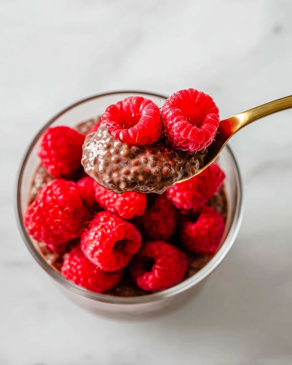 A clear glass bowl sits on a white marbled surface, filled mostly with bright red raspberries. Inside, there is a layer of thick chocolate chia pudding that has a slightly glossy texture with small chia seeds visible. On top, a golden spoon holds two whole raspberries and a scoop of the chocolate chia pudding, showing the rich texture and vibrant red berries in detail. The photo taken with an iphone --ar 4:5 --v 7