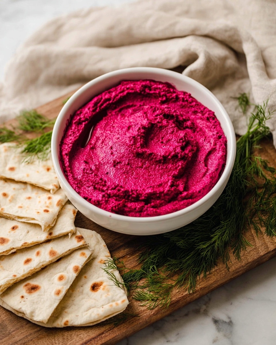 A white bowl filled with bright magenta beet hummus that has a smooth, creamy texture and a slight swirl pattern on top, sitting on a wooden board. Around the bowl, several folded pieces of light beige flatbread with small browned spots are arranged on the wooden board. Fresh green dill sprigs lay on the board near the bowl, adding a touch of color. A beige cloth is softly draped in the background over a white marbled surface photo taken with an iphone --ar 4:5 --v 7
