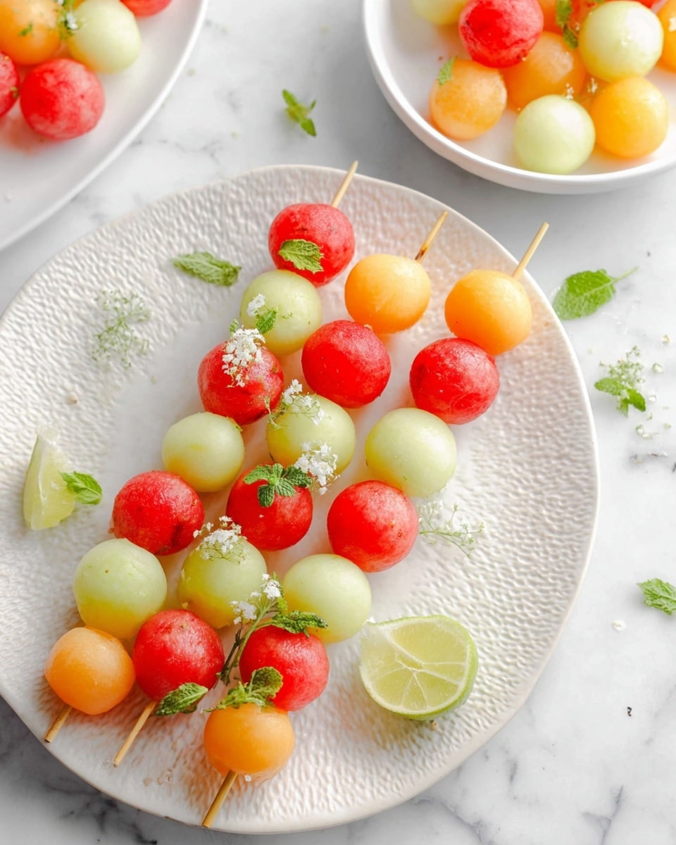 The image shows five fruit skewers arranged on a large white plate with a textured edge, placed on a white marbled surface. Each skewer has four round fruit balls in a repeating pattern of red watermelon, light green honeydew, orange cantaloupe, and pale yellow melon. Small green mint leaves are placed at different spots on the skewers, adding a fresh look. Tiny white flowers decorate some of the skewers. A wedge of lime is on the edge of the plate. In the background, a white bowl with more fruit balls is partially visible. The scene is bright and fresh with soft natural light. Photo taken with an iphone --ar 4:5 --v 7
