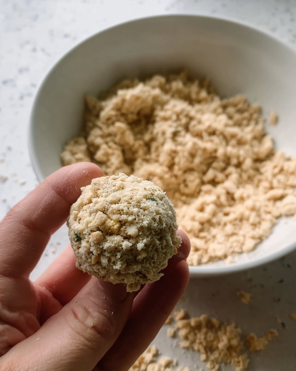 A close-up view shows a white bowl filled with a crumbly, pale beige mixture with small green specks, looking dry and rough in texture. In the foreground, a woman's hand holds a compact round ball made from the same mixture, showing its lumpy and coarse surface up close. The background is softly blurred, highlighting the round shape and uneven texture of the ball. The scene rests on a white marbled surface. photo taken with an iphone --ar 4:5 --v 7