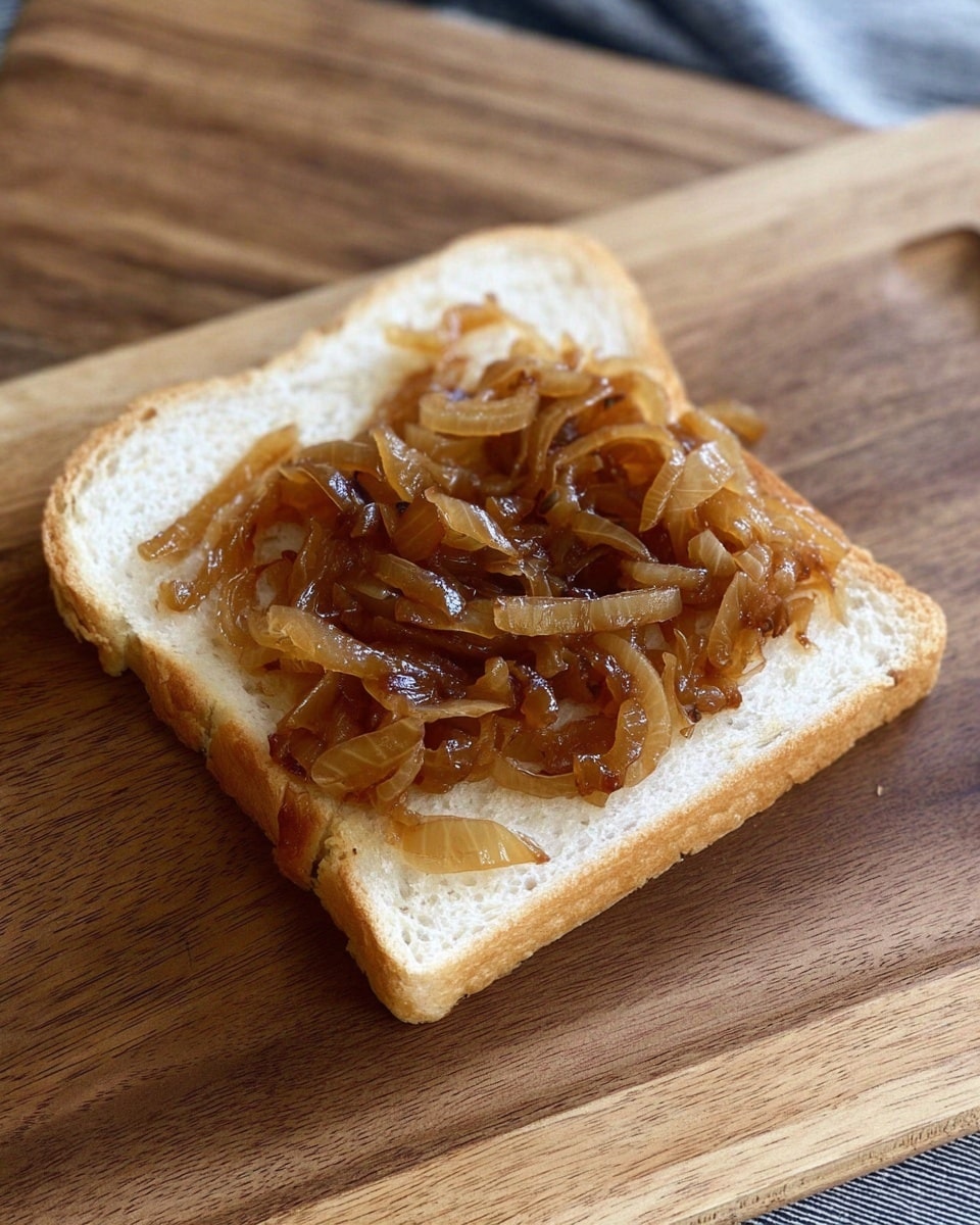 A single slice of white bread sits on a wooden cutting board, topped with a generous layer of caramelized onions. The onions are golden brown with some darker edges, soft and slightly shiny, spread evenly across the bread’s surface, showing their thin, curved slices and some small pieces. The warm, rich tones of the onions contrast with the soft pale color and spongy texture of the bread, all set on a natural wood background. photo taken with an iphone --ar 4:5 --v 7