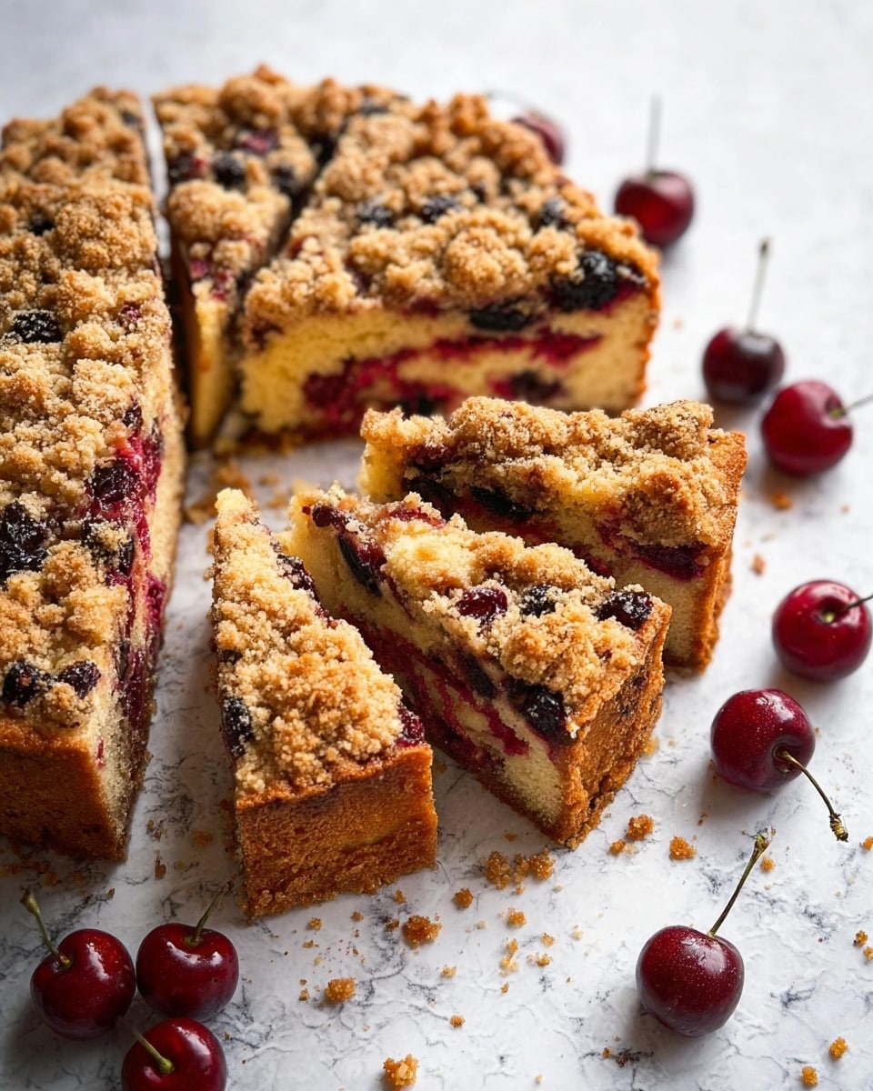 A round cake is sliced into several pieces and placed on a white marbled surface. Each slice has three visible layers: a top layer of crumbly golden brown streusel with bits of dark berries, a middle layer of moist light yellow cake dotted with red cherry pieces, and a bottom layer that is a darker baked crust. Scattered around the cake are fresh bright red cherries with green stems, adding contrast to the scene. The edges of the cake slices show a slightly darker baked texture, and the crumbly topping looks crunchy and inviting. photo taken with an iphone --ar 4:5 --v 7